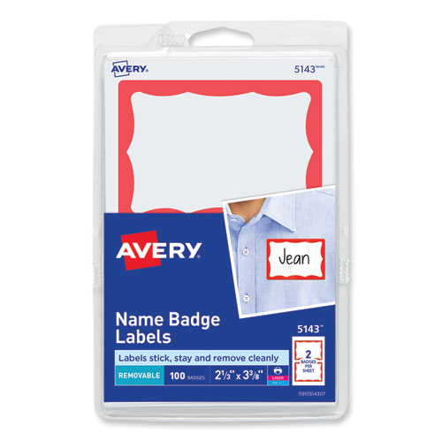 Printable Adhesive Name Badges, 3.38 x 2.33, Red Border, 100/Pack