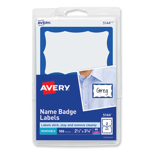 Avery® Printable Adhesive Name Badges, 3.38 x 2.33, Blue Border, 100/Pack