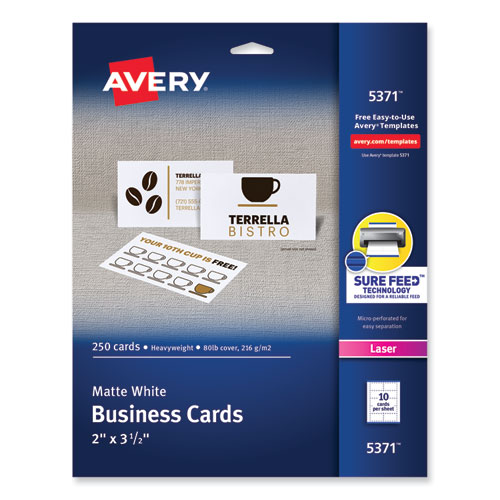 Avery® Printable Microperforated Business Cards w/Sure Feed Technology, Laser, 2 x 3.5, White, 250 Cards, 10/Sheet, 25 Sheets/Pack