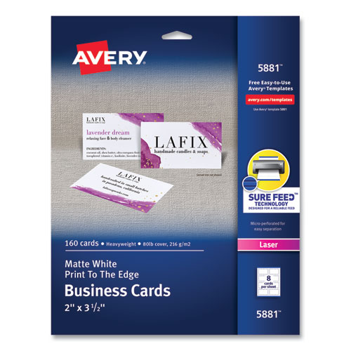 Image of Print-to-the-Edge Microperf Business Cards w/Sure Feed Technology, Color Laser, 2x3.5, White, 160 Cards, 8/Sheet,20 Sheets/PK