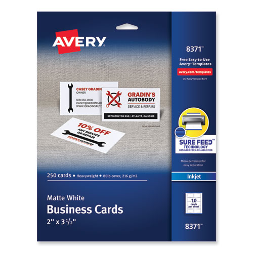Image of Avery® Printable Microperforated Business Cards W/Sure Feed Technology, Inkjet, 2 X 3.5, White,  250 Cards, 10/Sheet, 25 Sheets/Pack