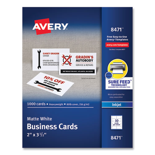 Printable Microperforated Business Cards w/Sure Feed Technology, Inkjet, 2 x 3.5, White, 1,000 Cards, 10/Sheet, 100 Sheets/Bx