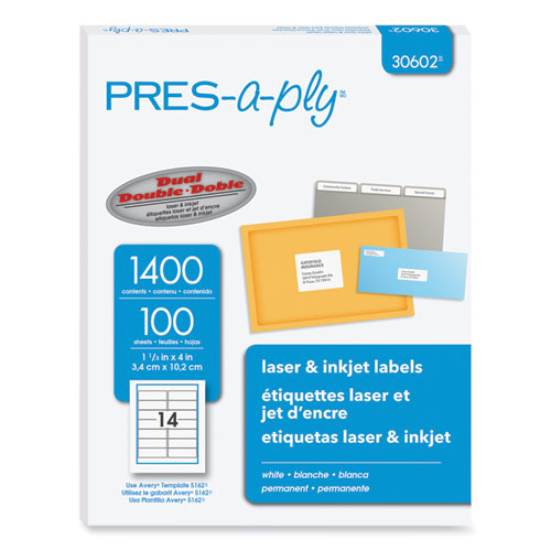 Pres-A-Ply® Labels, Laser Printers, 1.33 X 4, White, 14/Sheet, 100 Sheets/Box