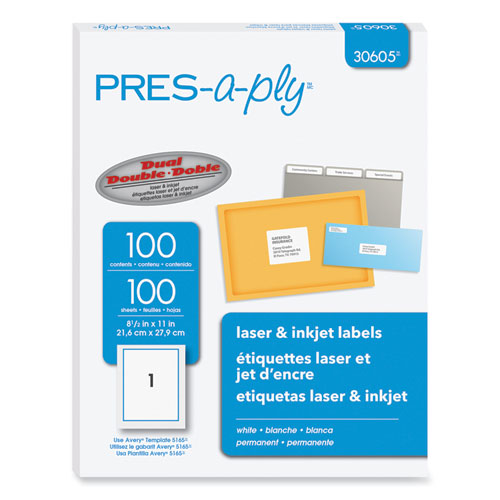 Image of Pres-A-Ply® Labels, Laser Printers, 8.5 X 11, White, 100/Box