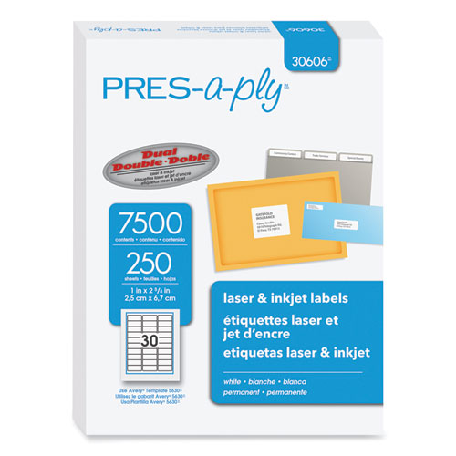 Image of Pres-A-Ply® Labels, Laser Printers, 1 X 2.63, White, 30/Sheet, 250 Sheets/Box