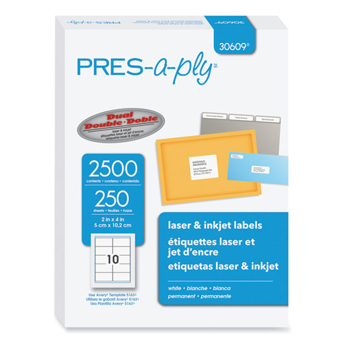 Labels, Laser Printers, 2 x 4, White, 10/Sheet, 250 Sheets/Box
