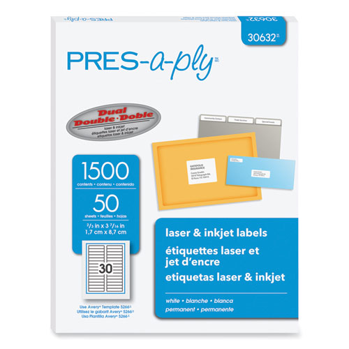 Pres-A-Ply® Labels, 0.66 X 3.44, White, 30/Sheet, 50 Sheets/Box