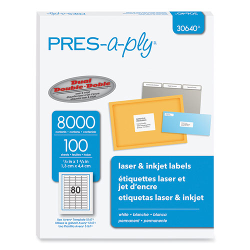 Image of Pres-A-Ply® Labels, Inkjet/Laser Printers, 0.5 X 1.75, White, 80/Sheet, 100 Sheets/Pack