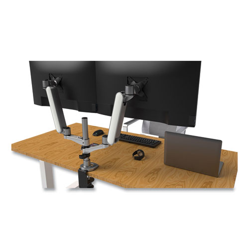 Multi-Directional Dual Monitor Arm, For 30" Monitors, 360 Deg Rotation, 105 Deg Tilt, 360 Deg Pan, Silver/WH, Supports 20 lbs