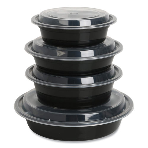 Microwavable Food Container with Lid, Round, 32 oz, 7.28 x 7.28 x 2.55, Black/Clear, Plastic, 150/Carton