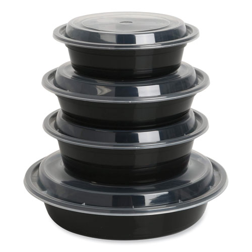 Microwavable Food Container with Lid, Round, 16 oz, 6.29 x 6.29 x 1.96, Black/Clear, Plastic, 150/Carton