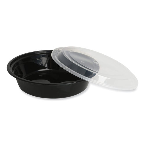Microwavable Food Container with Lid, Round, 16 oz, 6.29 x 6.29 x 1.96, Black/Clear, Plastic, 150/Carton
