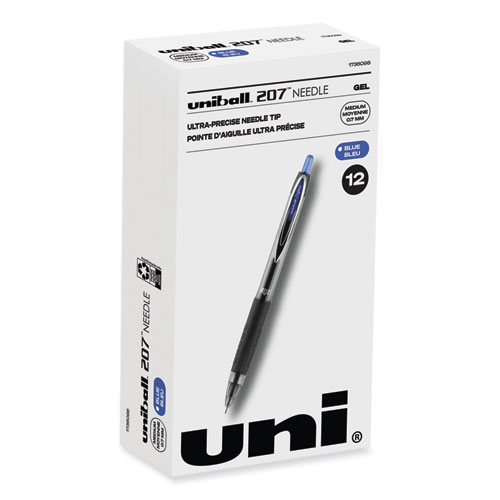 Uniball® Signo 207 Needle Point Gel Pen, Retractable, Medium 0.7 Mm, Blue Ink, Black Barrel, Dozen
