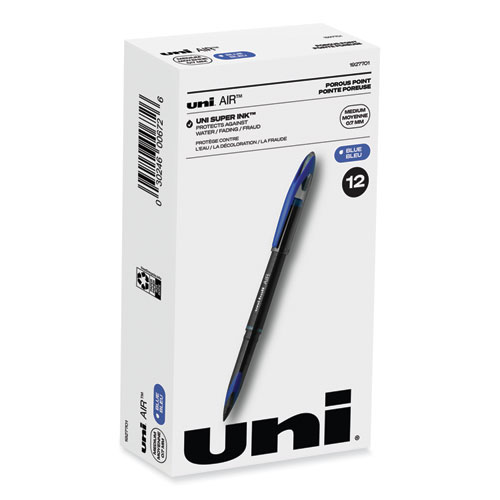 Uniball® Air Porous Roller Ball Pen, Stick, Medium 0.7 Mm, Blue Ink, Black Barrel, Dozen