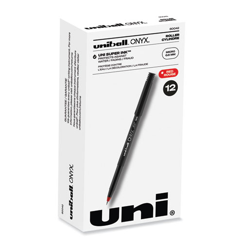 Uniball® Onyx Roller Ball Pen, Stick, Micro 0.5 Mm, Red Ink, Black Matte Barrel, Dozen