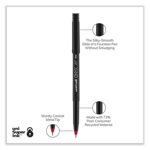Image of Uniball® Onyx Roller Ball Pen, Stick, Micro 0.5 Mm, Red Ink, Black Matte Barrel, Dozen