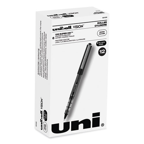Uniball® Vision Roller Ball Pen, Stick, Micro 0.5 Mm, Black Ink, Black/Gray Barrel, Dozen