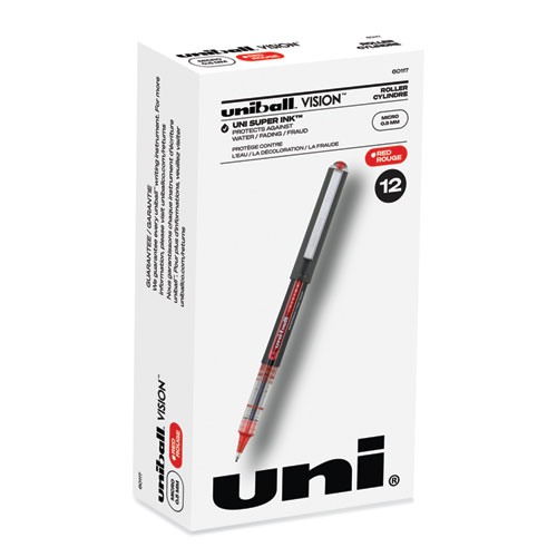 Uniball® Vision Roller Ball Pen, Stick, Micro 0.5 Mm, Red Ink, Gray/Red Barrel, Dozen