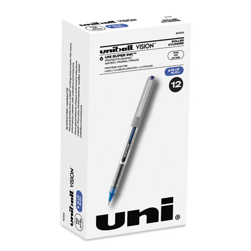 Uniball® Vision Roller Ball Pen, Stick, Fine 0.7 Mm, Blue Ink, Blue/Gray Barrel, Dozen