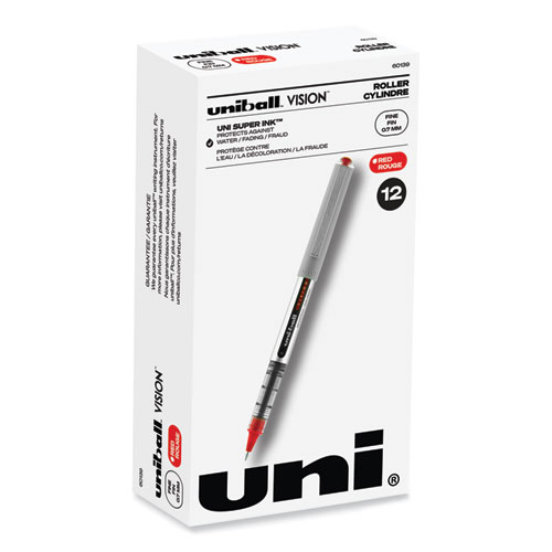 Uniball® Vision Roller Ball Pen, Stick, Fine 0.7 Mm, Red Ink, Gray/Red Barrel, Dozen