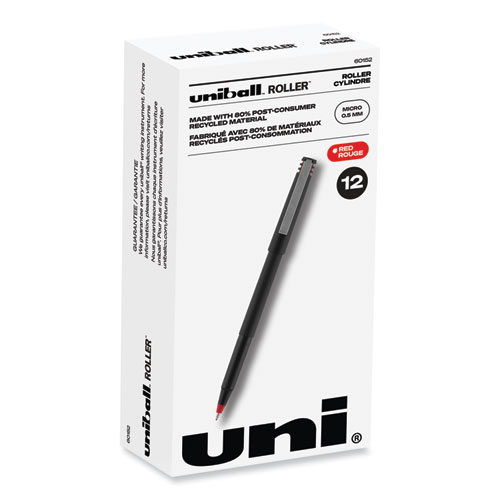Uniball® Roller Ball Pen, Stick, Micro 0.5 Mm, Red Ink, Black Matte Barrel, Dozen