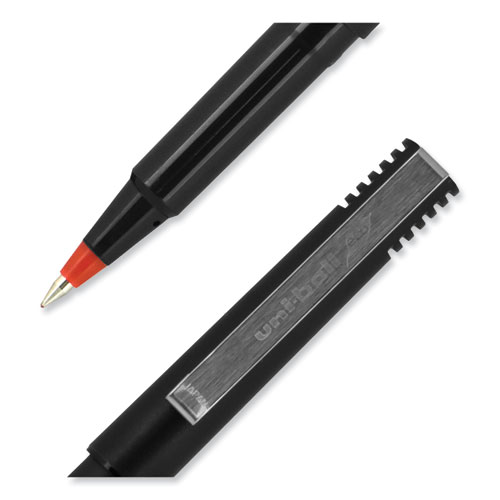 Image of Uniball® Roller Ball Pen, Stick, Micro 0.5 Mm, Red Ink, Black Matte Barrel, Dozen