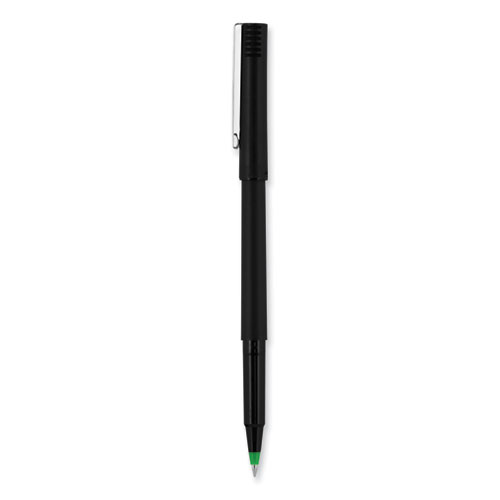 Image of Uniball® Roller Ball Pen, Stick, Micro 0.5 Mm, Green Ink, Black Matte Barrel, Dozen