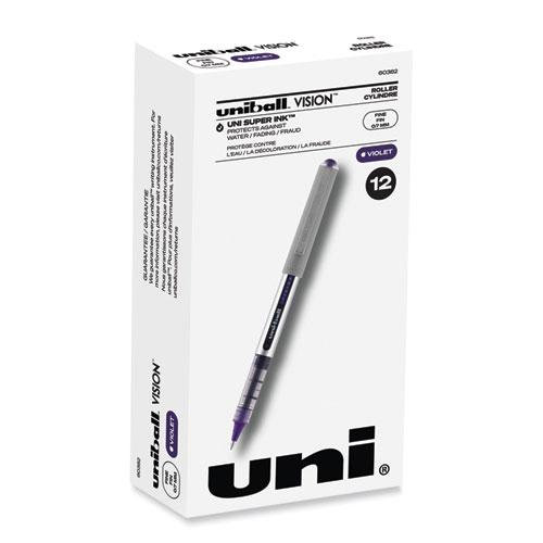 Uniball® Vision Roller Ball Pen, Stick, Fine 0.7 Mm, Majestic Purple Ink, Gray Barrel, Dozen