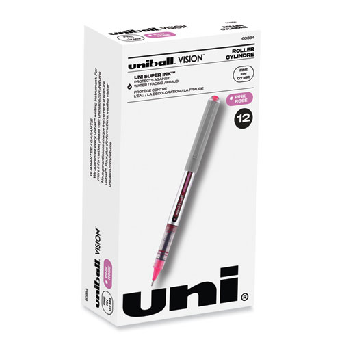 Uniball® Vision Roller Ball Pen, Stick, Fine 0.7 Mm, Pink Ink, Gray Barrel, Dozen