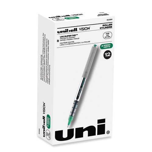 Uniball® Vision Roller Ball Pen, Stick, Fine 0.7 Mm, Evergreen Ink, Gray Barrel, Dozen