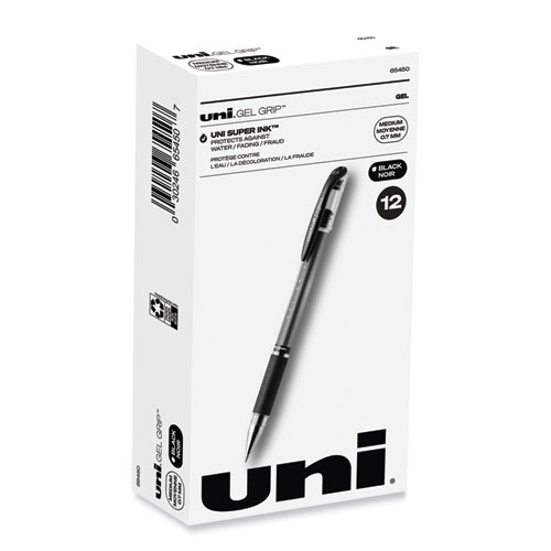 uniball® Signo GRIP Gel Pen, Stick, Medium 0.7 mm, Black Ink, Clear/Black/Silver Barrel, Dozen
