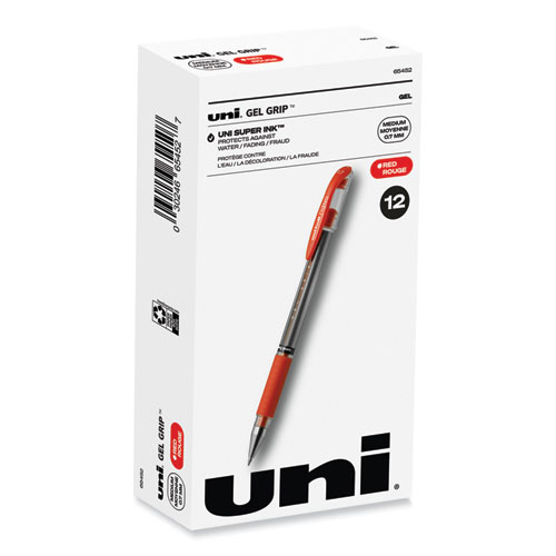 Uniball® Signo Grip Gel Pen, Stick, Medium 0.7 Mm, Red Ink, Silver/Red Barrel, Dozen