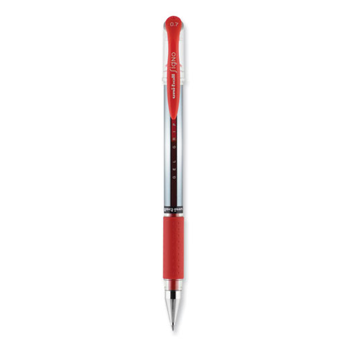 Image of Uniball® Signo Grip Gel Pen, Stick, Medium 0.7 Mm, Red Ink, Silver/Red Barrel, Dozen