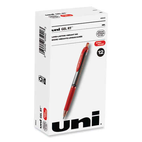 Uniball® Signo Gel Pen, Retractable, Medium 0.7 Mm, Red Ink, Red/Metallic Accents Barrel, Dozen