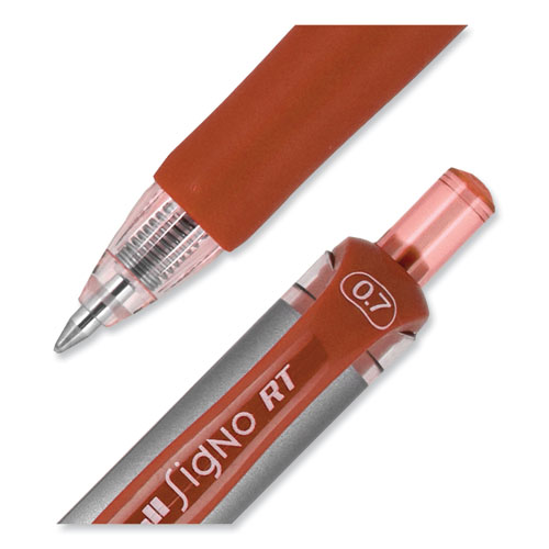 Image of Uniball® Signo Gel Pen, Retractable, Medium 0.7 Mm, Red Ink, Red/Metallic Accents Barrel, Dozen