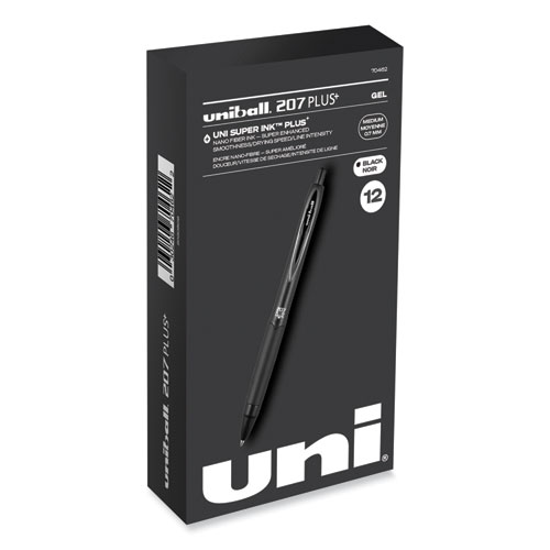 Uniball® 207 Plus+ Gel Pen, Retractable, Medium 0.7 Mm, Black Ink, Black Barrel, Dozen