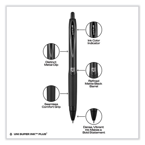 Image of Uniball® 207 Plus+ Gel Pen, Retractable, Medium 0.7 Mm, Black Ink, Black Barrel, Dozen