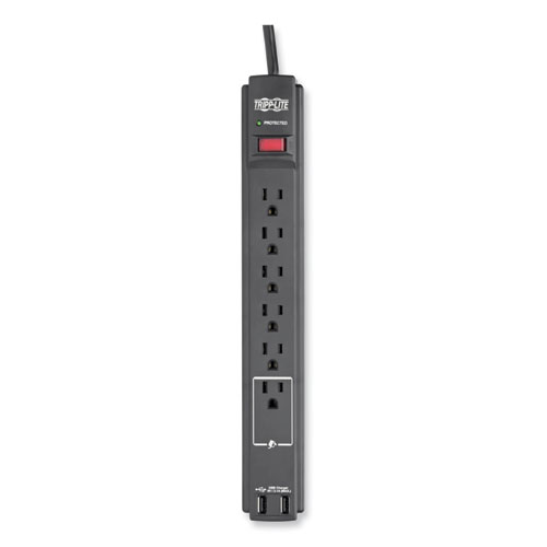 Protect It! Surge Protector, 6 AC Outlets/2 USB Ports, 6 ft Cord, 990 J, Black