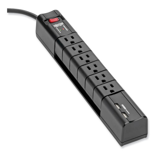 Protect It! Surge Protector, 6 AC Outlets/2 USB Ports, 8 ft Cord, 1,080 J, Black