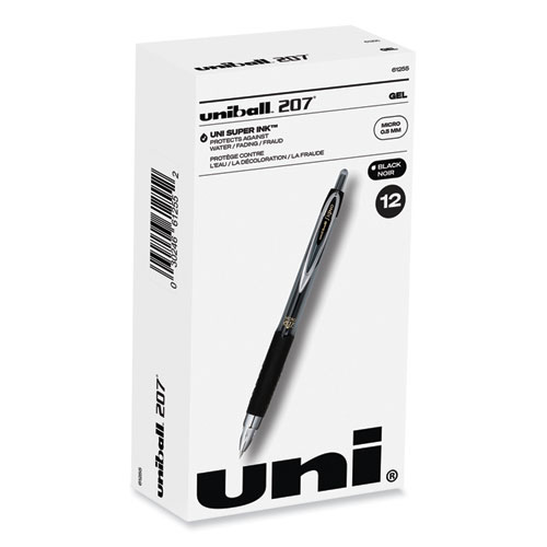 Uniball® Signo 207 Gel Pen, Retractable, Micro 0.5 Mm, Black Ink, Smoke/Black Barrel, Dozen