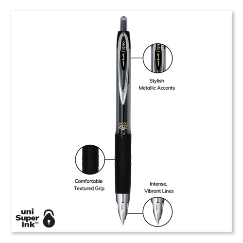 Signo 207 Gel Pen, Retractable, Fine 0.5 mm, Black Ink, Smoke/Black Barrel, Dozen