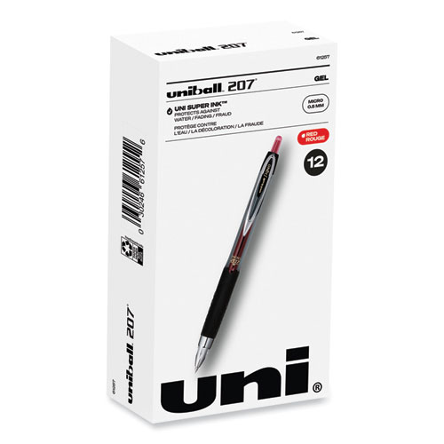 Uniball® Signo 207 Gel Pen, Retractable, Micro 0.5 Mm, Red Ink, Smoke/Black/Red Barrel, Dozen