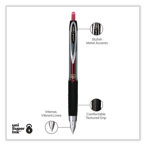 Signo 207 Gel Pen, Retractable, Fine 0.5 mm, Red Ink, Smoke/Black/Red Barrel, Dozen