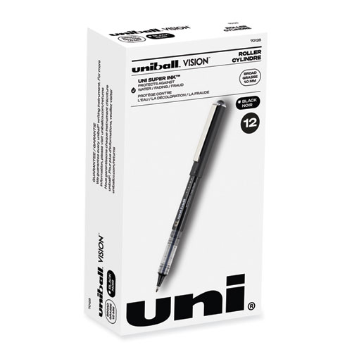 uniball® VISION Roller Ball Pen, Stick, Bold 1 mm, Black Ink, Gray/Black/Clear Barrel, Dozen