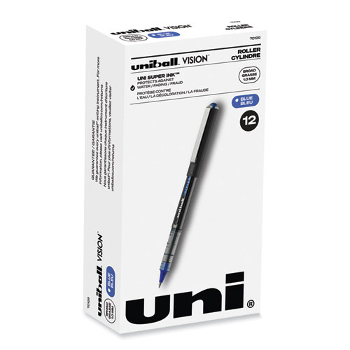 Uniball® Vision Roller Ball Pen, Stick, Bold 1 Mm, Blue Ink, Black/Blue Barrel, Dozen