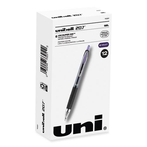 Uniball® Signo 207 Gel Pen, Retractable, Medium 0.7 Mm, Purple Ink, Smoke/Black/Purple Barrel, Dozen