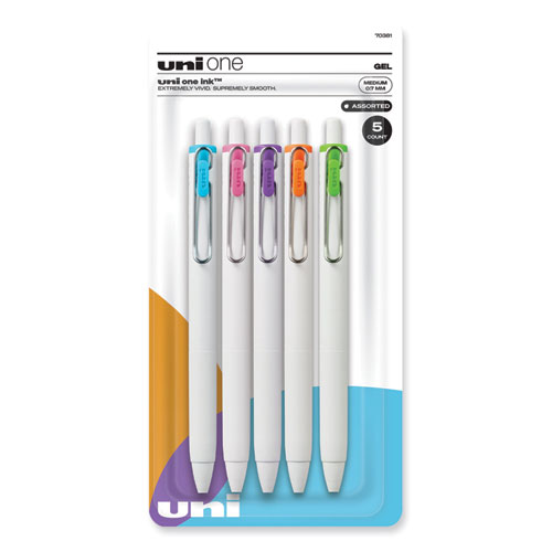 Uniball® Unione Gel Pen, Retractable, Medium 0.7 Mm, Fashion Ink-Color Assortment, White Barrel, 5/Pack