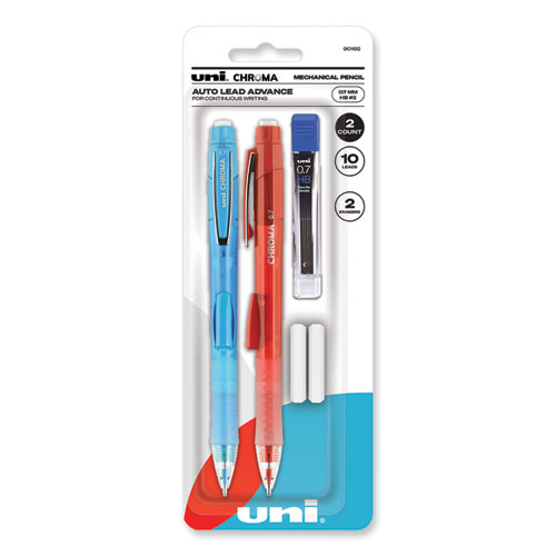 Uniball® Chroma Mechanical Pencil W/ 10 Leads And 2 Erasers, 0.7 Mm, Hb (#2), Black Lead, (1) Red (1) Blue Barrel, 2/Pack