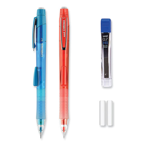 Image of Uniball® Chroma Mechanical Pencil W/ 10 Leads And 2 Erasers, 0.7 Mm, Hb (#2), Black Lead, (1) Red (1) Blue Barrel, 2/Pack