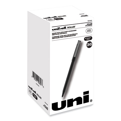 Uniball® Roller Ball Pen, Stick, Micro 0.5 Mm, Black Ink, Black Matte Barrel, 36/Pack